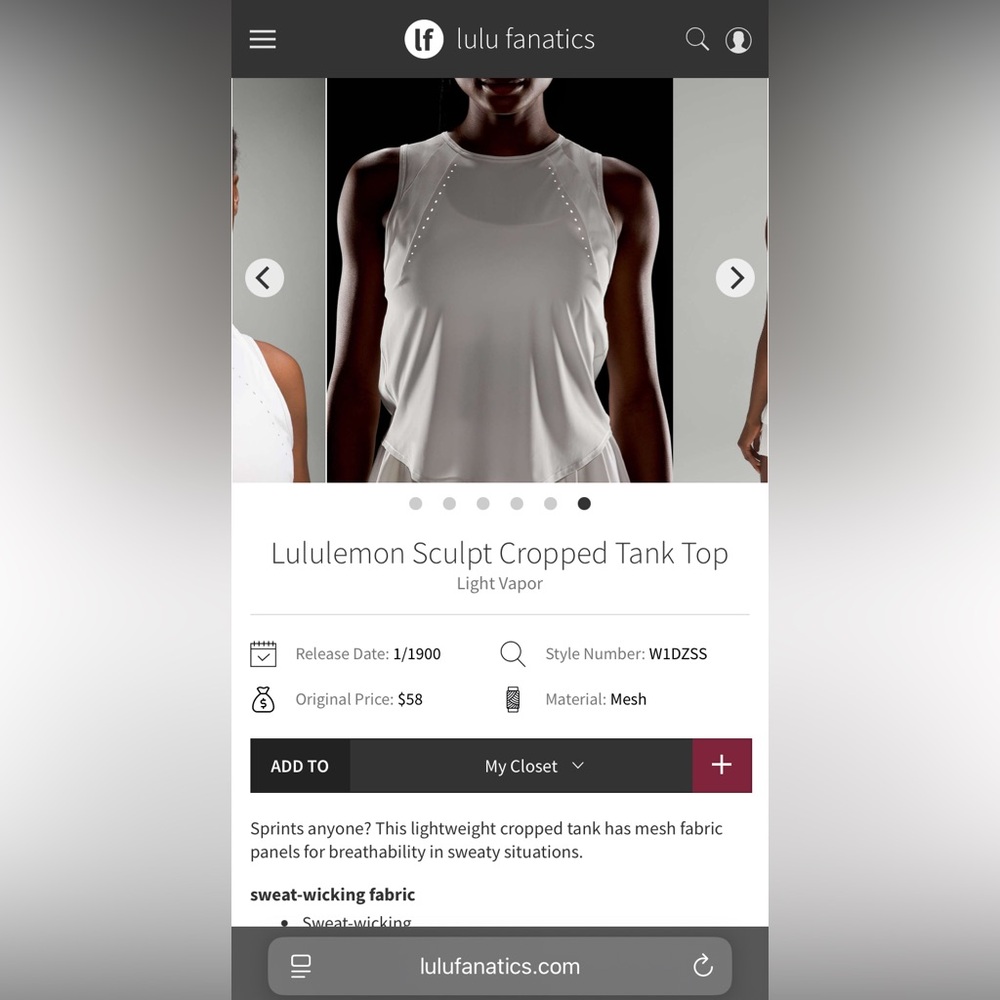 NWT Lululemon Sculpt Cropped Tank Top
Light Vapor